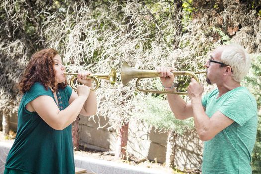 trumpet, man, white, player, black, room, saxophone, people, female, playing, adult, male, play, two, couple, music, instrument, performer, blower, trumpeter, woman, musician, person, girl, portrait, face, hair, golden, holding, hands, musical