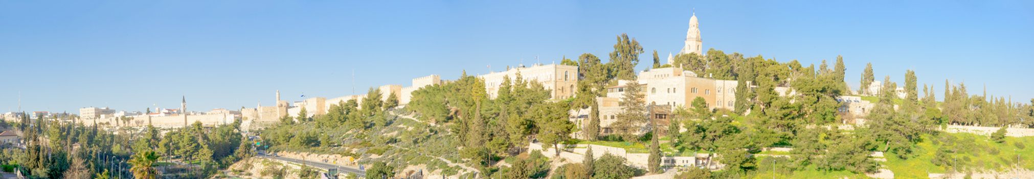 Panoramic view of the old city of Jerusalem, with the wall, tower of David and Mount Zion. Jerusalem, Israel