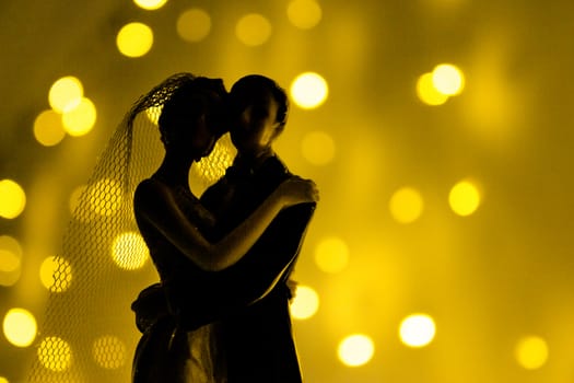 Silhouette of newlyweds on bright background