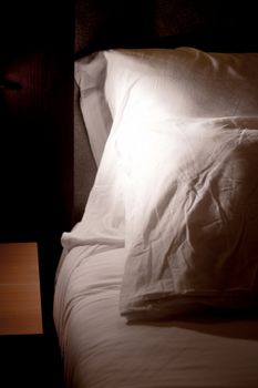 Bed of five star hotel. Close up of pillows