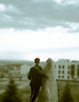 Silhouette of newlyweds with sunrise background. Romantic scene. Figures of the bridal cake, they are not real people
