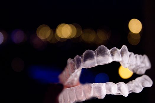 Transparent dental orthodontics to correct dental alignment. No people