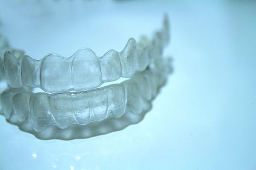 Transparent dental orthodontics to correct dental alignment. No people