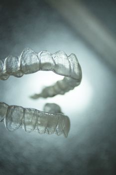 Transparent dental orthodontics to correct dental alignment. No people