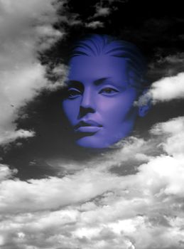 Blue female portrait of a generic mannequin over clouds in black and white. Scene of sadness that leads to deep thought.