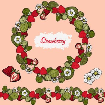 Strawberry vector drawing set. Isolated hand drawn berry on white background. Summer fruit engraved style illustration. Detailed vegetarian food. Great for label, poster, print