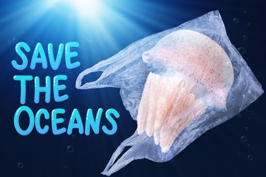 plastic pollution in ocean environmental problem concept.  jellyfish swim inside plastic bag floating in the ocean with text save the oceans