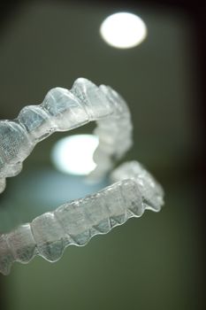 Transparent dental orthodontics to correct dental alignment. No people