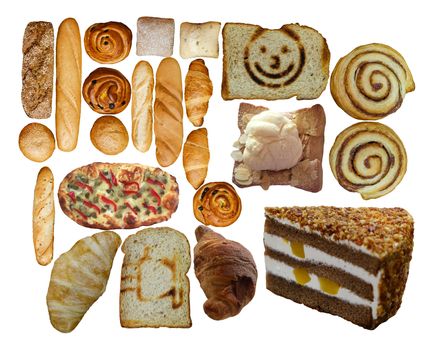 Collection of fresh bakery, pastry, cakes and bread photos isolated on white. Top view. 