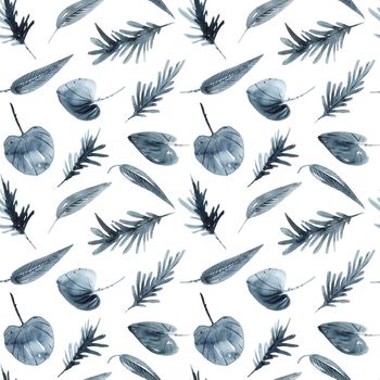 Watercolor and ink illustration of tree leaves in style sumi-e, u-sin. Oriental traditional painting. Seamless pattern.