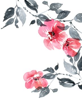 Watercolor and ink illustration of blossom tree with pink flowers and leaves. Oriental traditional painting in style sumi-e, u-sin and gohua.