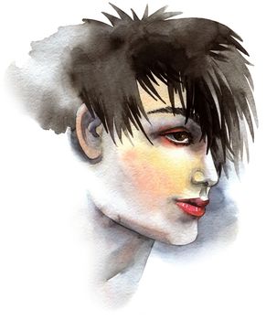 Watercolor painted portrait of beautiful woman modern makeup and short hair