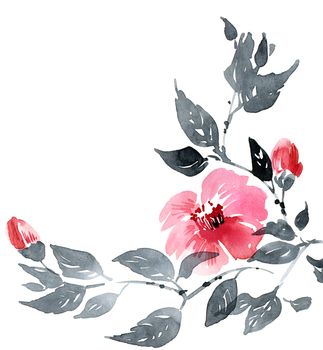 Watercolor and ink illustration of blossom tree with pink flowers and leaves. Oriental traditional painting in style sumi-e, u-sin and gohua.