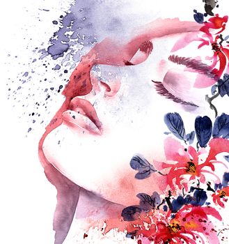 Watercolor painted portrait of beautiful woman with closed eyes among flowers