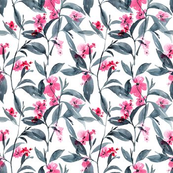 Watercolor and ink illustration of blossom tree with pink flowers and leaves. Oriental traditional painting in style sumi-e, u-sin and gohua. Seamless pattern.