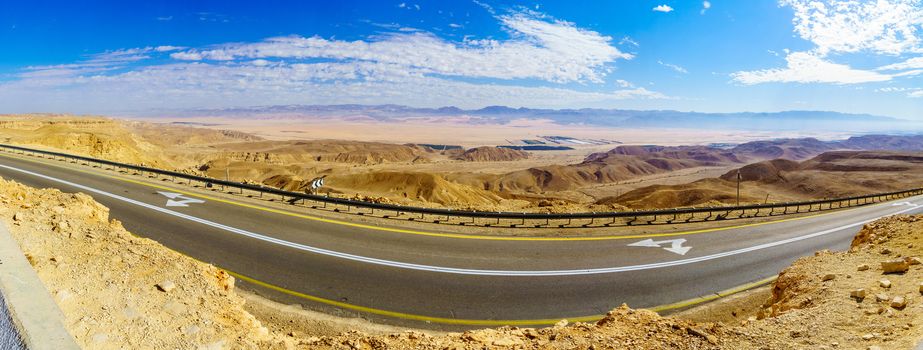 Panoramic landscape of the Arava desert from mount Ayit lookout. Southern Israel