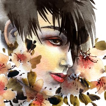 Watercolor painted portrait of beautiful woman with modern makeup and short hair among flowers