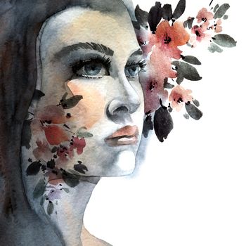 Watercolor painted portrait of beautiful woman among flowers