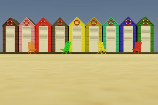 Beach with cabins and colorful chairs.Concept of summer beach holidays