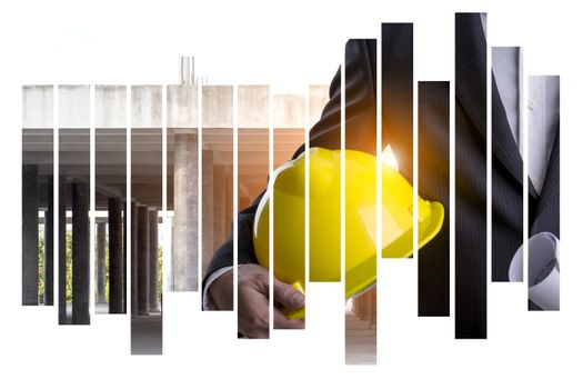 Business man with safety helmet and construction of the new building site steel structure is under construction on Abstract Backgorund