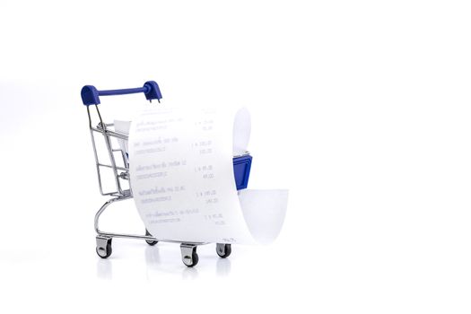 Shopping cart with receipt Isolated On White background , concept for grocery expenses and consumerism