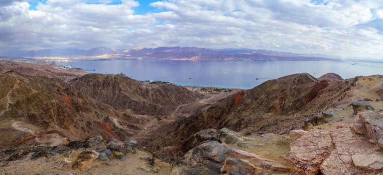 Panoramic view of Mount Tzfahot and the gulf of Aqaba. Eilat Mountains, southern Israel and Jordan