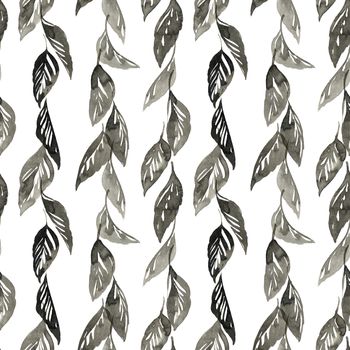 Watercolor and ink illustration of tree leaves in style sumi-e, u-sin. Oriental traditional painting. Seamless pattern.