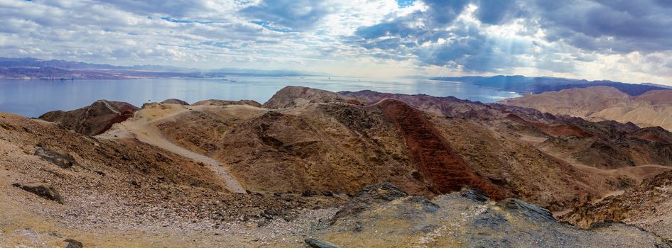 Panoramic view of Mount Tzfahot and the gulf of Aqaba. Eilat Mountains, southern Israel and Egypt