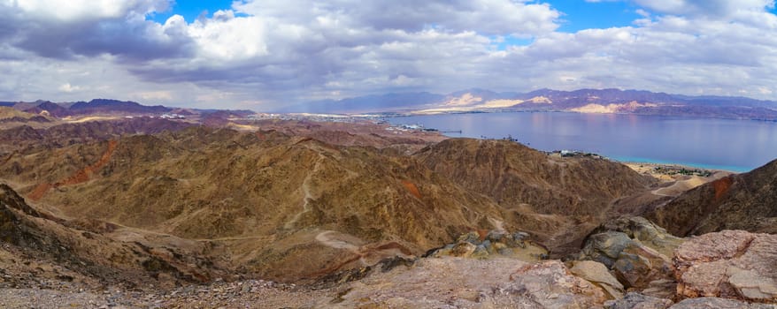 Panoramic view of Mount Tzfahot and the gulf of Aqaba. Eilat Mountains, southern Israel and Jordan