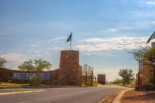 Etosha, Namibia - April 2, 2019 : Opened Galton Gate to Etosha National Park in Namibia, south Africa