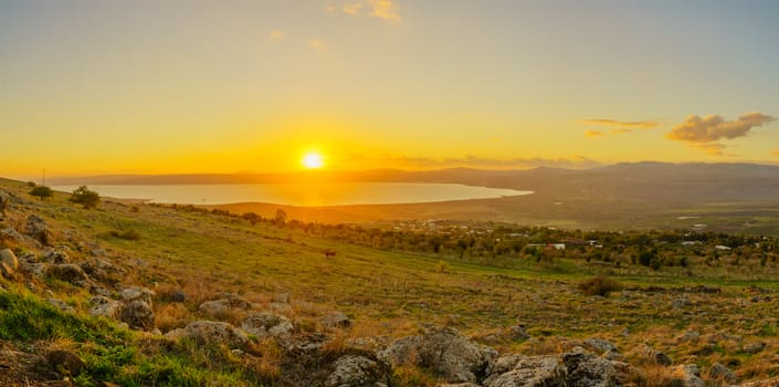 Sunset view from the north of the Sea of Galilee (Kinneret Lake). Northern Israel