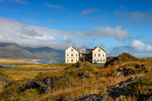 Budir, Iceland - September 8, 2019 : Luxury Hotel Budir located on the beach of the Snaefellsnes peninsula in west Iceland offering views over the Snaefellsjokull volcano and glacier.