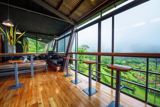 Bijagua de Upala, Costa Rica - January 17, 2020 : Interior of a bar in Celeste Mountain Lodge, a three-star lodge bordering the Tenorio Volcano National Park and the Rio Celeste.