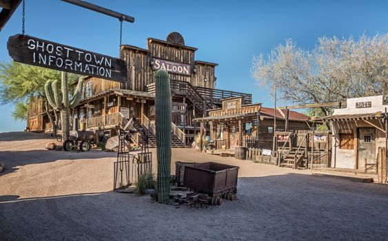 GOLDFIELD, ARIZONA, USA - MAY 17, 2016 : Old saloon, gallery and jail in Goldfield Ghost town. Goldfield, later Youngsberg was a gold mining town, now a ghost town in Pinal County, Arizona.