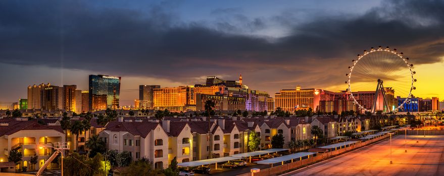 LAS VEGAS, NEVADA, USA - MAY 20, 2016 : Sunset panorama above casinos on the Las Vegas Strip