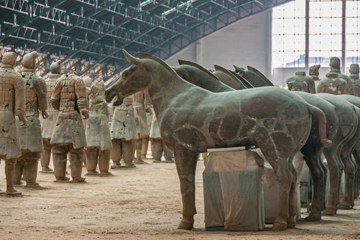 Xian, China - May 1, 2010: Terracotta Army museum and hall.  Gray-beige sculptures of row of horses and falanx of soldiers at excavation.