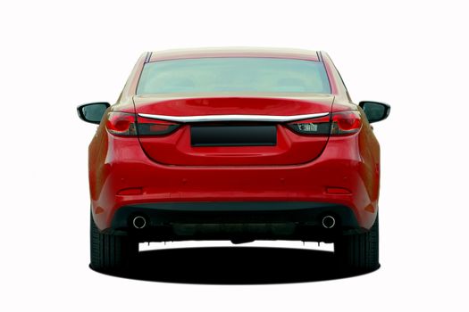 red sedan on white background, rear View