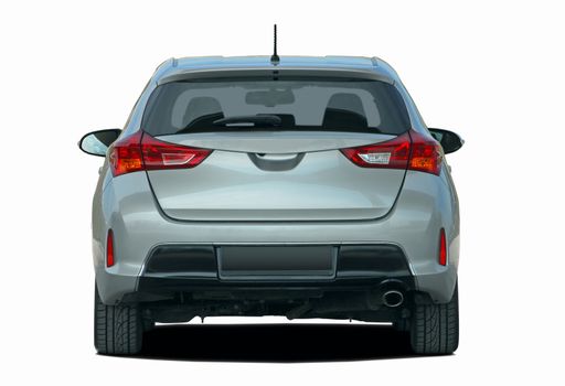 gray hatchback on white background, rear View