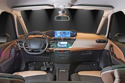 studio shot passenger car interior, front view