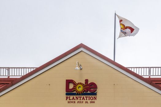 Wahiawa, Oahu, Hawaii, USA. - January 09, 2020: Logo of company and flag on top of Welcome building, entrance to Dole pineapple plantation, museum and shop. On yellow wall under silver sky.