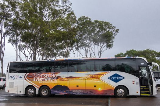 Oahu, Hawaii, USA. - January 09, 2020: closeup of white sightseeing tour bus with red-orange-yellow photo of sunset under silver sky with green foliage in back.