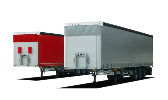 two parked semi trailer truck on a white background