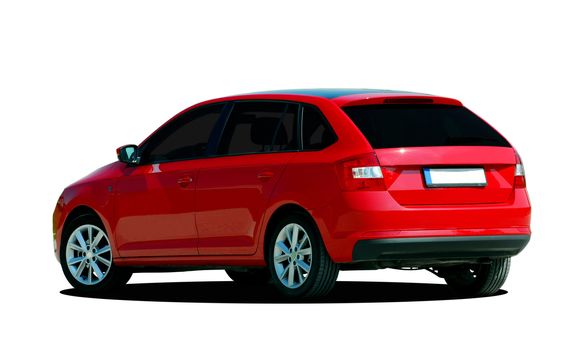 red hatchback on white background, back view