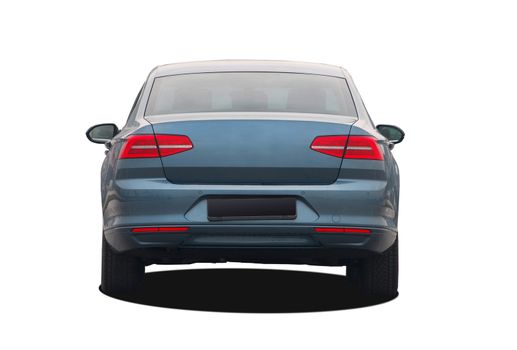 blue hatchback on white background, rear View