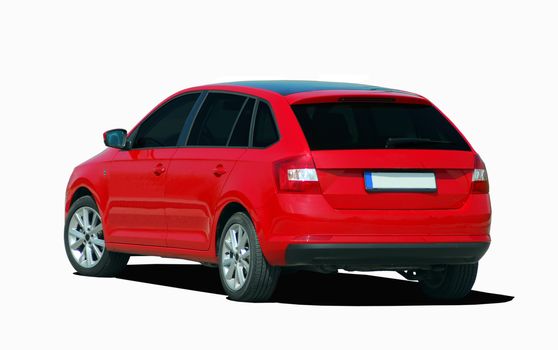 red hatchback on white background, back view