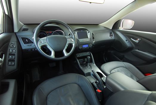 studio shot passenger car interior, front view