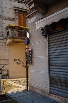 Cremona, Lombardy, Italy - April 30 th - May 1st 2020 - closed bars  and general commerce  during coronavirus lockdown and economic crisis. Italian signs