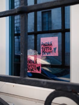 Cremona, Lombardy, Italy - April 30 th - May 1st 2020 - closed bars  and general commerce  during coronavirus lockdown and economic crisis. Italian signs