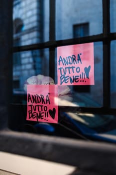 Cremona, Lombardy, Italy - April 30 th - May 1st 2020 - closed bars  and general commerce  during coronavirus lockdown and economic crisis. Italian signs
