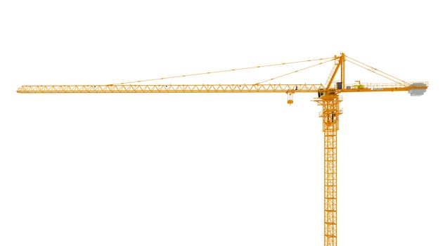3d rendering of a yellow tower crane full-height isolated on the white background. Building and construction. Machinery and equipment. 3d modeling.